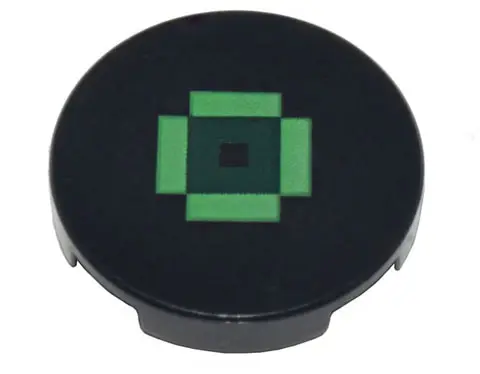 Black Tile, Round 2 x 2 with Bottom Stud Holder with Pixelated Bright Green Rectangles and Dark Gree