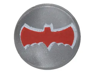 Flat Silver Tile, Round 1 x 1 with Red Bat Batman Logo Pattern