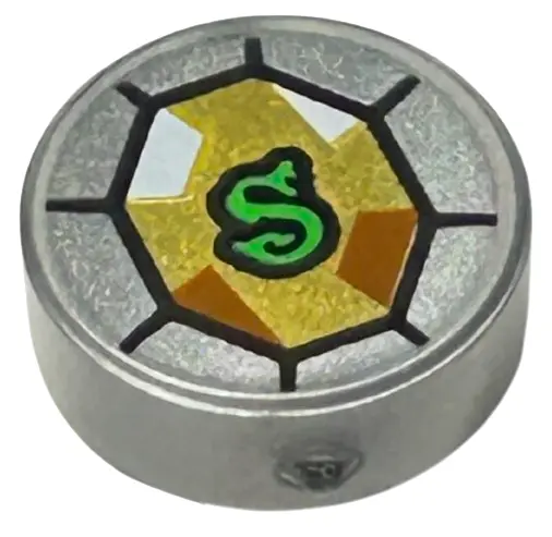 Flat Silver Tile, Round 1 x 1 with Green Letter S Snake on Gold Jewel Pattern (HP Slytherin's Locket