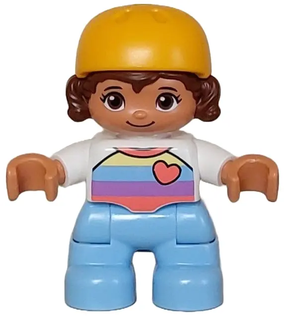 Duplo Figure Lego Ville, Child Girl, Bright Light Blue Legs, White Shirt with Coral, Medium Lavender