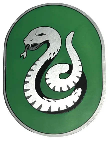 Flat Silver Tile, Round 6 x 8 Oval with Slytherin Crest with Silver Snake on Green Background Patter