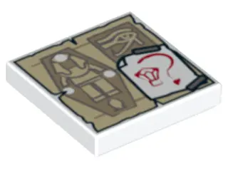 White Tile 2 x 2 with Tan Parchment with Sarcophagus and Eye of Horus and White Paper with Red Gem a