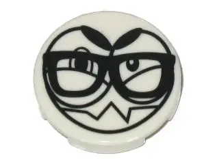 White Tile, Round 2 x 2 with Bottom Stud Holder with Black Large Eyes, Eyebrows, Sharp Teeth and Gla