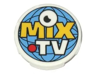 White Tile, Round 2 x 2 with Bottom Stud Holder with Eye, Globe, Red Dot and 'MIX TV' Pattern