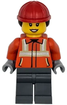 Construction Worker - Female, Reddish Orange Safety Jacket with Reflective Stripes, Dark Bluish Gray