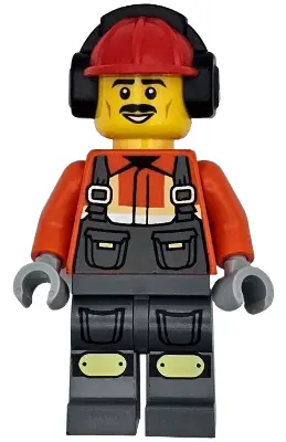 Construction Worker - Male, Dark Bluish Gray Overalls over Reddish Orange Safety Jacket with Reflect