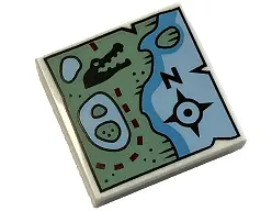 White Tile 2 x 2 with Map of Coastline with Sand Green Land, Black Alligator / Crocodile Head, Dark 