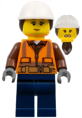 Construction Worker - Female, Orange Safety Vest, Reflective Stripes, Reddish Brown Shirt, Dark Blue