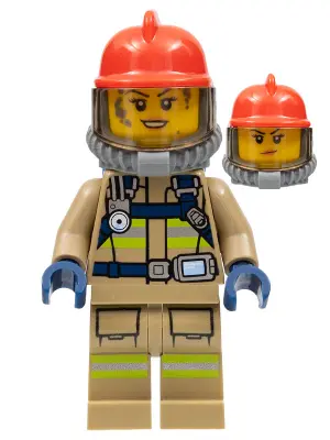 Fire - Reflective Stripes, Dark Tan Suit, Red Fire Helmet, Open Mouth with Peach Lips and Dirty Face