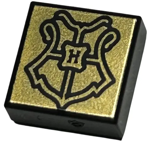 Black Tile 1 x 1 with Hogwarts Crest on Gold Background Pattern