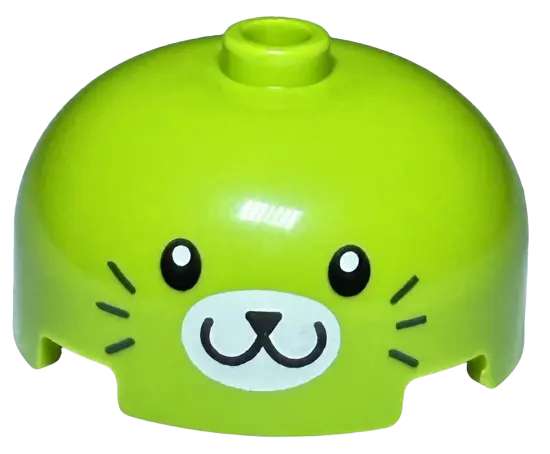 Lime Brick, Round 3 x 3 x 1 1/3 Dome Top - Open Stud with Black Eyes, Nose and Mouth, Dark Green Whi