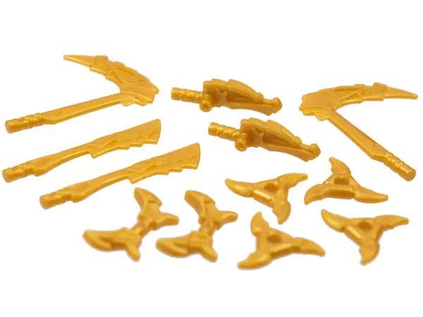 Pearl Gold Minifigure, Weapon Pack Dragon Sickles, Swords, Shuriken Throwing Stars, Hooks, 12 in Bag