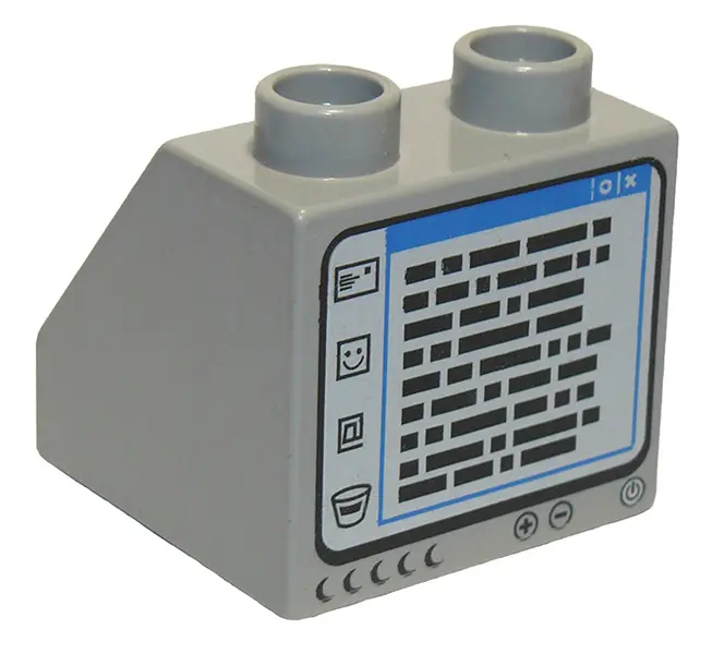 Light Bluish Gray Duplo, Brick 2 x 2 x 1 1/2 Slope 45 with Computer Screen with Handling Instruction