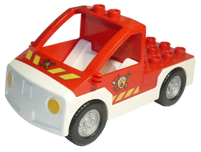 Red Duplo Truck Pickup Flatbed with White Base with Fire Department Logo Pattern