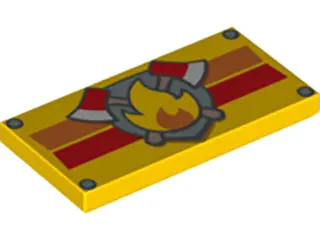 Yellow Tile 2 x 4 with Fire Logo with Axes over Orange and Red Stripes Pattern