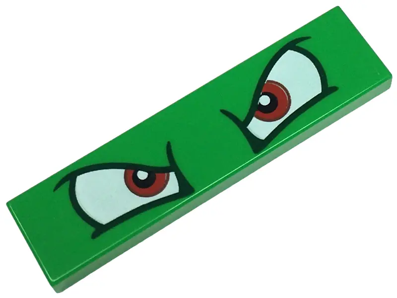 Green Tile 1 x 4 with Angry Red and White Eyes Pattern (Super Mario Bowser)