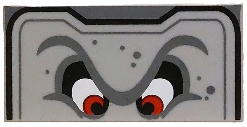 Bluish Gray Tile 2 x 4 with Angry Red Eyes, Unibrow, Black and Dark Bluish Gray Border and Spots Pat