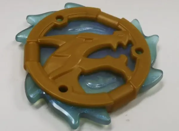 Pearl Gold Ring 3 x 3 with Dragon Head with Molded Satin Trans-Light Blue Flames Pattern (Ninjago Wa