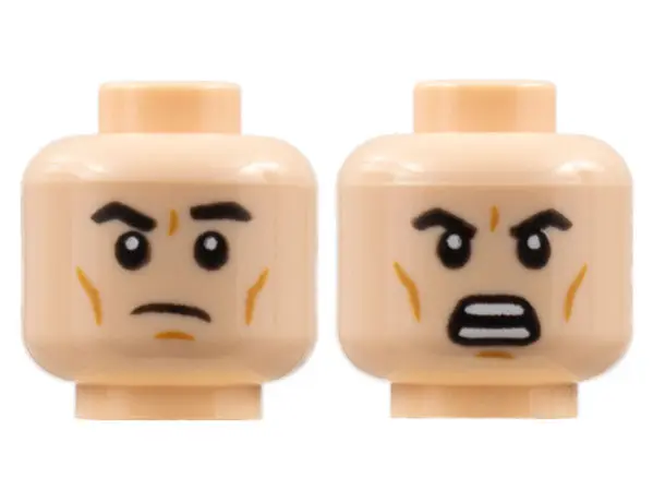 Light Nougat Minifigure, Head Dual Sided, Black Eyebrows, Dark Orange Cheek Lines, Frown Left Eyebro