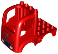 Red Duplo Car Body Truck 4 x 4 Flatbed with 4 Top Studs with Headlights and Spider-Man Logo Pattern
