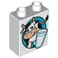 White Duplo, Brick 1 x 2 x 2 with Cow and Glass of Milk Pattern