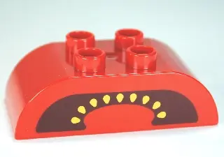 Red Duplo, Brick 2 x 4 Slope Curved Double with Yellow Seeds on Dark Red Background, Cut Tomato Patt