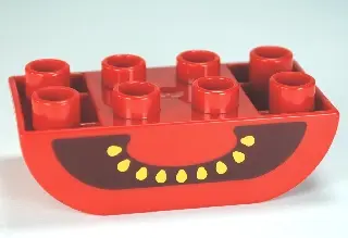 Red Duplo, Brick 2 x 4 Slope Curved Inverted Double with Yellow Seeds on Dark Red Background, Cut To