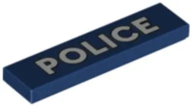 Dark Blue Tile 1 x 4 with White 'POLICE' with Black Outline Pattern