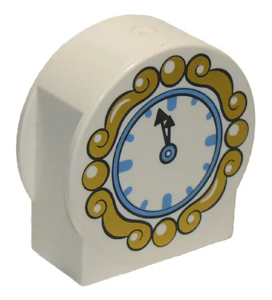White Duplo, Brick 1 x 2 x 2 Round Top, Cut Away Sides with Clock Face with Black Hands, Medium Blue