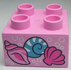Bright Pink Duplo, Brick 2 x 2 with 3 Shells and Silver Bubbles Pattern