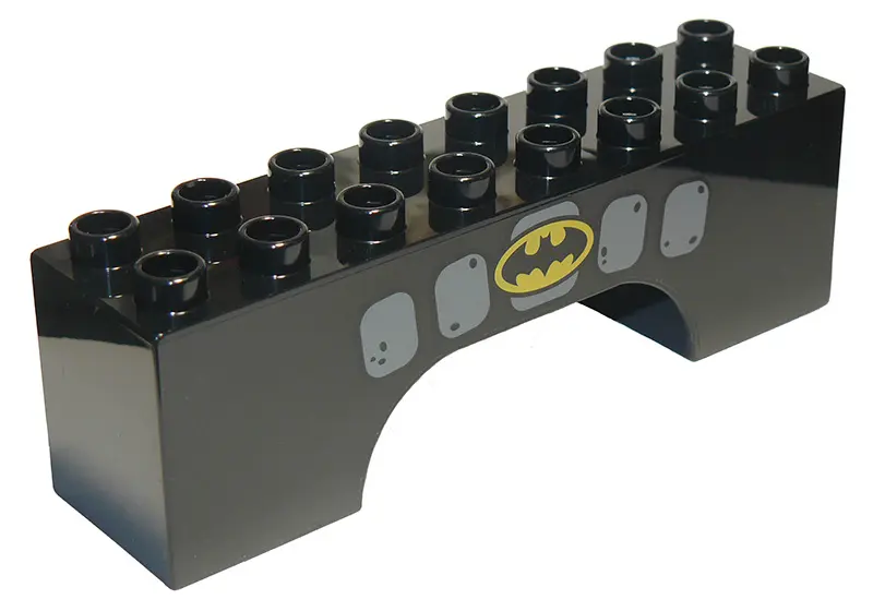 Black Duplo, Brick 2 x 8 x 2 Arch with Stonework and Black Bat on Yellow Background Batman Logo Patt