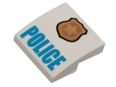 White Slope, Curved 2 x 2 x 2/3 with Gold and Copper Badge with Star and Black Outline, Blue 'POLICE