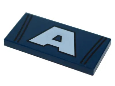 Dark Blue Tile 2 x 4 with White 'A' and Black Lines Pattern