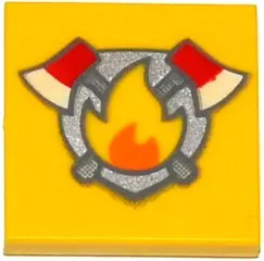 Yellow Tile 2 x 2 with Fire Badge and Axes Pattern