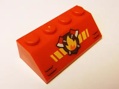 Red Slope 45 2 x 4 with Fire Logo with Yellow Diagonal Stripes and Black Vents Pattern