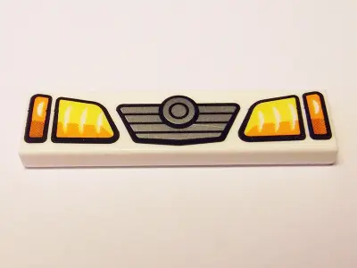 White Tile 1 x 4 with Yellow and Orange Headlights and Grille with Concentric Circles Badge Pattern