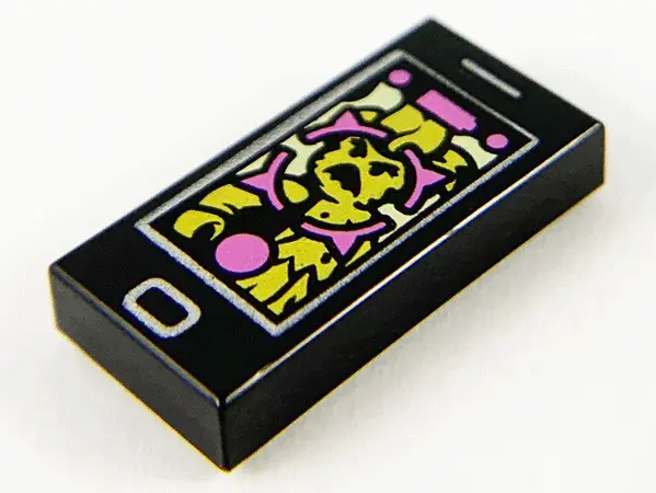 Black Tile 1 x 2 with Cell Phone / Smartphone with Bright Light Orange Ghost and Dark Pink Display P
