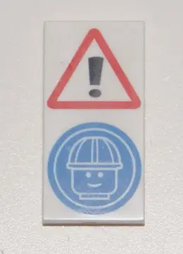 White Tile 2 x 4 with Exclamation Mark in Warning Triangle and Minifigure Head with Construction Hel