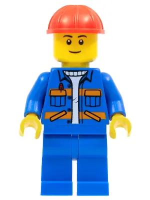 Blue Jacket with Diagonal Lower Pockets and Orange Stripes, Blue Legs, Red Construction Helmet