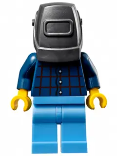 Mechanic - Male, Plaid Button Shirt, Medium Blue Legs, Pearl Dark Gray Welding Helmet, Frown and Swe