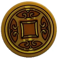 Pearl Gold Tile, Round 2 x 2 with Bottom Stud Holder with Dark Orange Shapes (Coin) Pattern