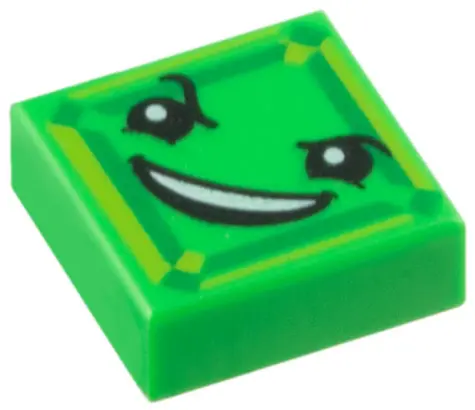 Bright Green Tile 1 x 1 with Black Eyes, Raised Eyebrow, Fiendish Smile with Teeth and Lime and Gree