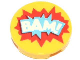 Yellow Tile, Round 2 x 2 with Bottom Stud Holder with 'BAM!' in Blue and Red Starburst Explosion Pat