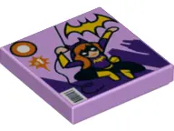 Lavender Tile 2 x 2 with Batgirl Comic Book Cover with Yellow Bat Logo, '1', and Barcode Pattern