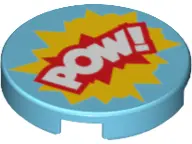 Medium Azure Tile, Round 2 x 2 with Bottom Stud Holder with 'POW!' in Yellow and Red Starburst Explo