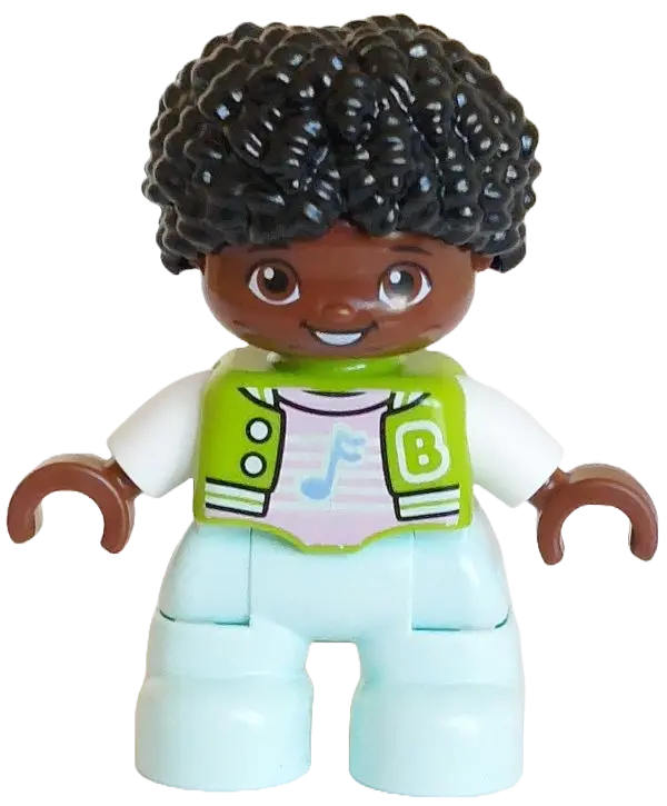 Duplo Figure Lego Ville, Child Boy, Light Aqua Legs, Lime Jacket over Bright Pink Shirt, White Lette