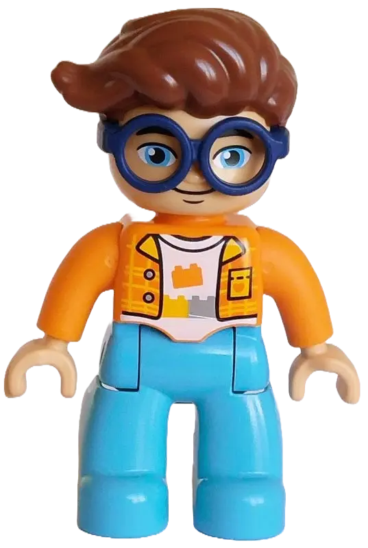 Duplo Figure Lego Ville, Male, Medium Azure Legs, Orange Plaid Jacket over White Shirt with Silver B