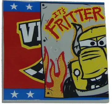 Light Bluish Gray Tile 6 x 6 with Bottom Tubes with Bus Half and 'IT'S FRITTER' Pattern