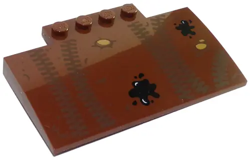 Reddish Brown Slope, Curved 5 x 8 x 2/3 with 4 Studs with Tire Tracks and Oil Splotches Pattern