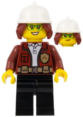 Fire Chief, Female - Freya McCloud, Dark Red Jacket, Black Legs, White Fire Helmet, Open Mouth Smile